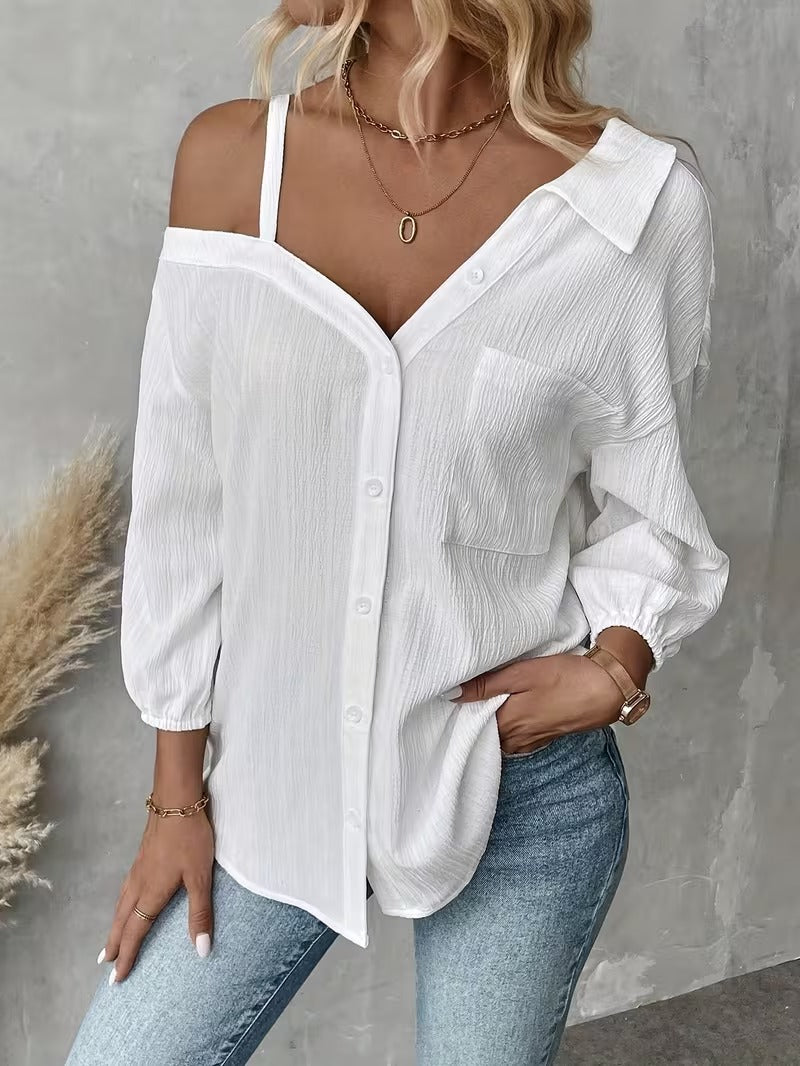 HOT SALE🔥Women's Asymmetric Collar Drop Shoulder Loose Casual Shirt