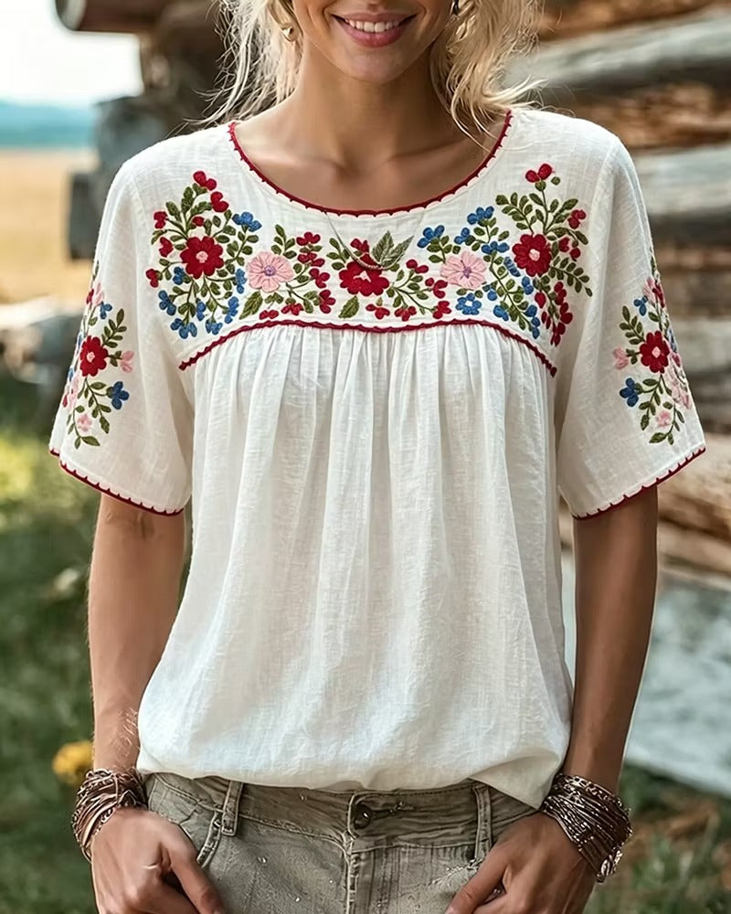 Floral Embroidered Loose Gathered Scoop Neck Short Sleeve Blouse