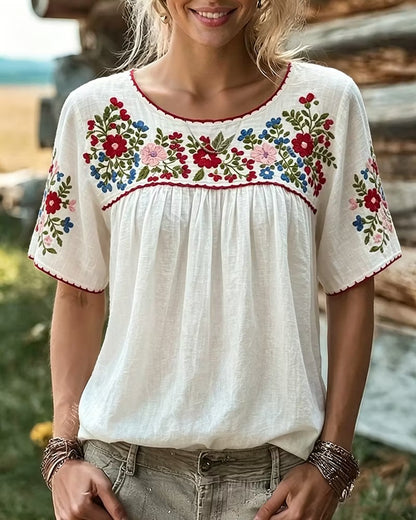 Floral Embroidered Loose Gathered Scoop Neck Short Sleeve Blouse