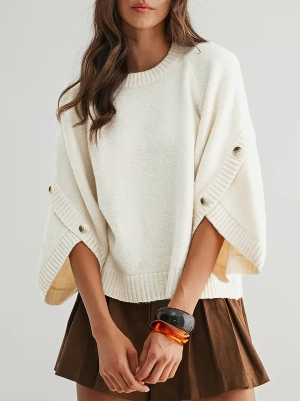 Women's Button Decor Batwing Sleeve Knit Sweater Crew Neck Loose Pullover Top
