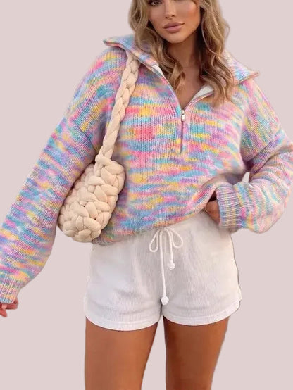 Women's Oversized Rainbow Marled Half Zip Knit Sweater