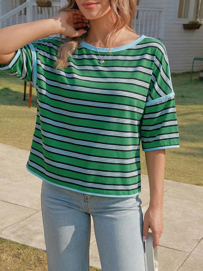 Womens Oversized Striped T-Shirts Color Block Short Sleeve Tops Drop Shoulder Tees