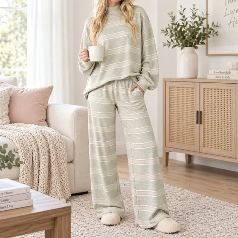 Women Striped Set Mock Neck Long Sleeve Top & Wide Leg Pants Casual 2 Piece Outfit