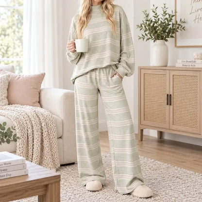 Women Striped Set Mock Neck Long Sleeve Top & Wide Leg Pants Casual 2 Piece Outfit