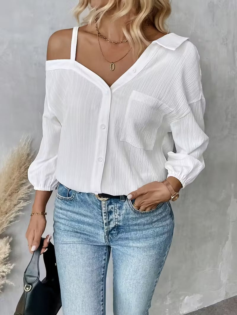 HOT SALE🔥Women's Asymmetric Collar Drop Shoulder Loose Casual Shirt