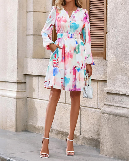 Women V Neck Long Sleeve Elastic Waist Boho Floral Mini Dress
