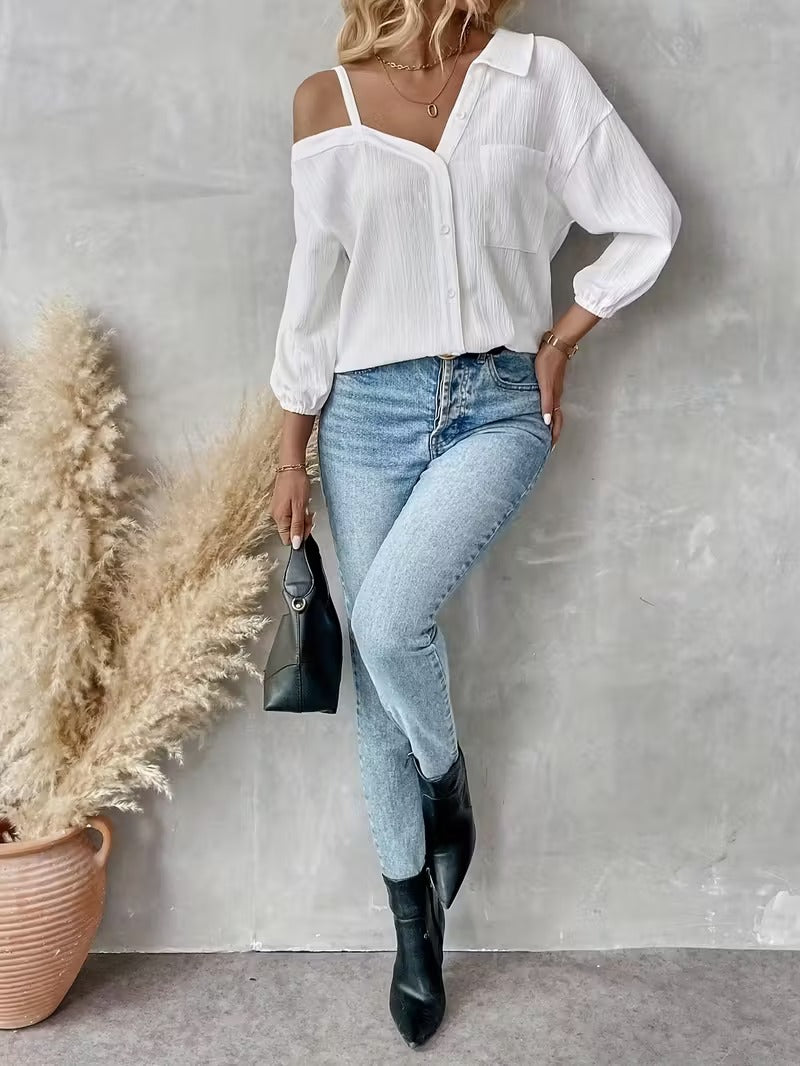HOT SALE🔥Women's Asymmetric Collar Drop Shoulder Loose Casual Shirt