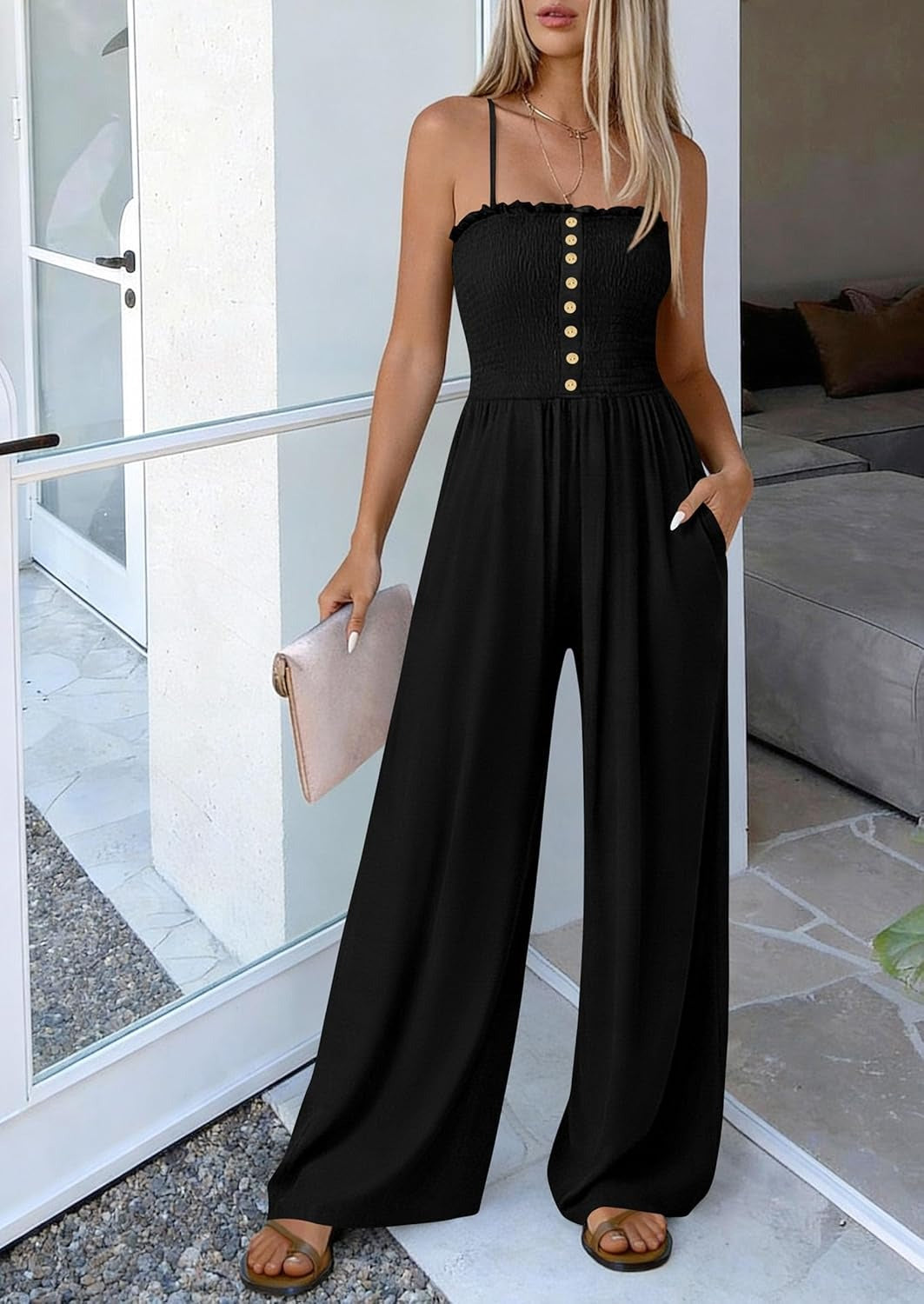 HOT SALE🔥Women's Smocked Spaghetti Strap Wide-Leg Jumpsuit with Pockets