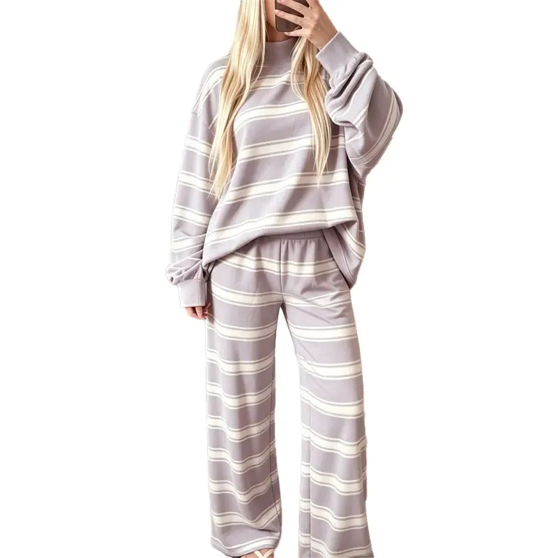 Women Striped Set Mock Neck Long Sleeve Top & Wide Leg Pants Casual 2 Piece Outfit