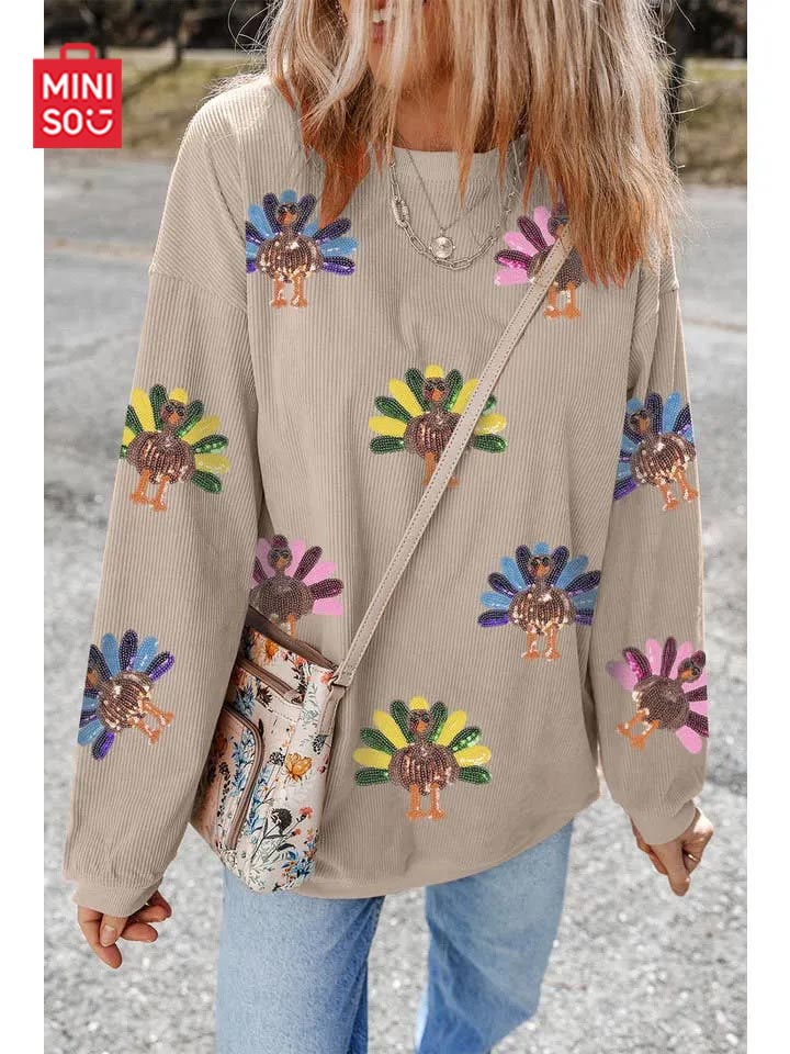 Women's Sequin Turkey Patch Thanksgiving Corduroy Sweatshirt (Buy 2 Free Shipping)