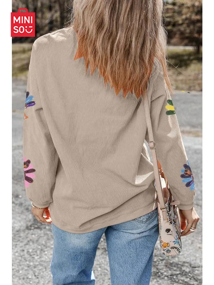 Women's Sequin Turkey Patch Thanksgiving Corduroy Sweatshirt (Buy 2 Free Shipping)