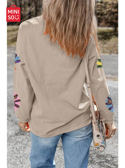 Women's Sequin Turkey Patch Thanksgiving Corduroy Sweatshirt (Buy 2 Free Shipping)