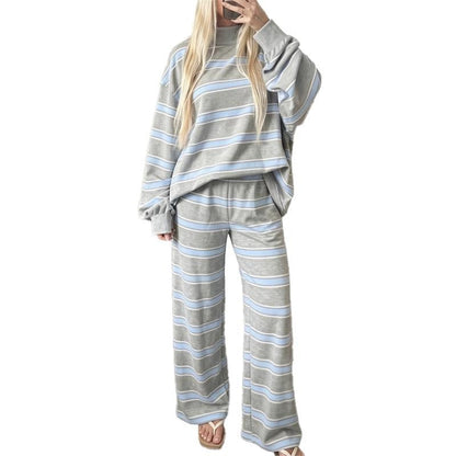 Women Striped Set Mock Neck Long Sleeve Top & Wide Leg Pants Casual 2 Piece Outfit