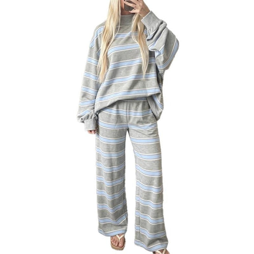 Women Striped Set Mock Neck Long Sleeve Top & Wide Leg Pants Casual 2 Piece Outfit