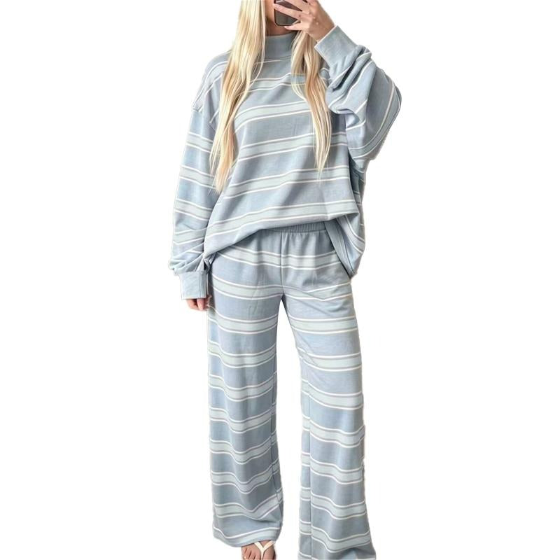 Women Striped Set Mock Neck Long Sleeve Top & Wide Leg Pants Casual 2 Piece Outfit