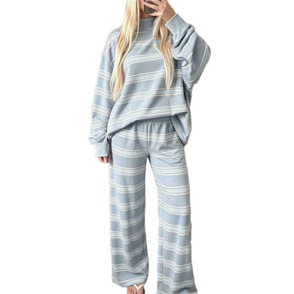 Women Striped Set Mock Neck Long Sleeve Top & Wide Leg Pants Casual 2 Piece Outfit