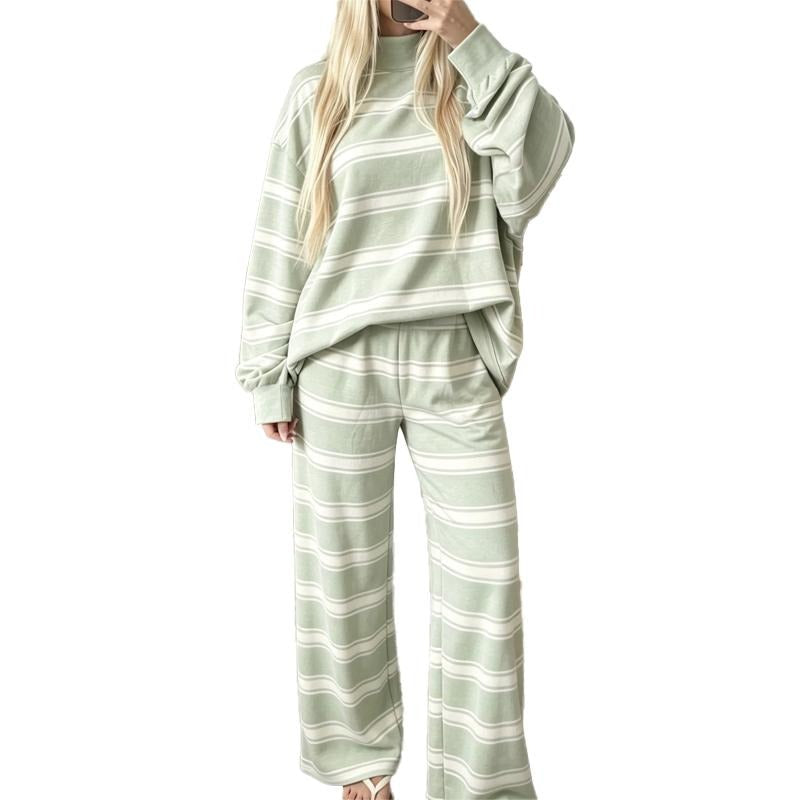 Women Striped Set Mock Neck Long Sleeve Top & Wide Leg Pants Casual 2 Piece Outfit