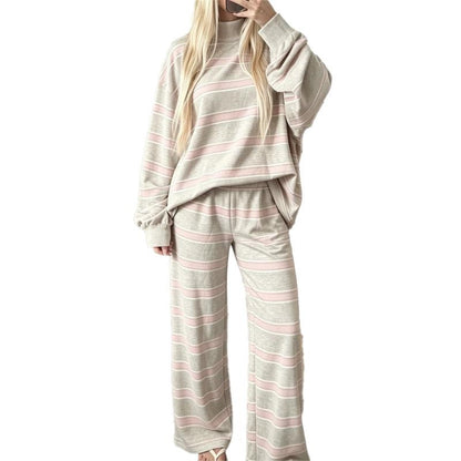 Women Striped Set Mock Neck Long Sleeve Top & Wide Leg Pants Casual 2 Piece Outfit