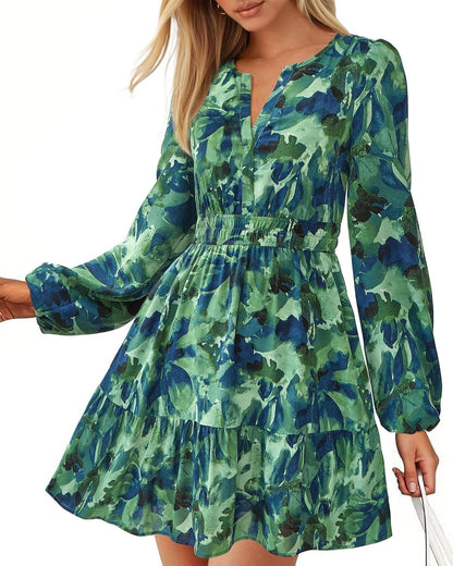 Women V Neck Long Sleeve Elastic Waist Boho Floral Mini Dress