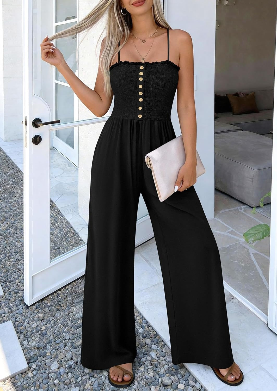 HOT SALE🔥Women's Smocked Spaghetti Strap Wide-Leg Jumpsuit with Pockets