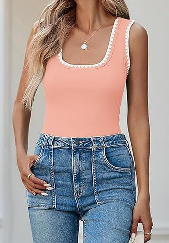Women’s Square Neck Tank Tops Fitted Color Block Ribbed Tanks