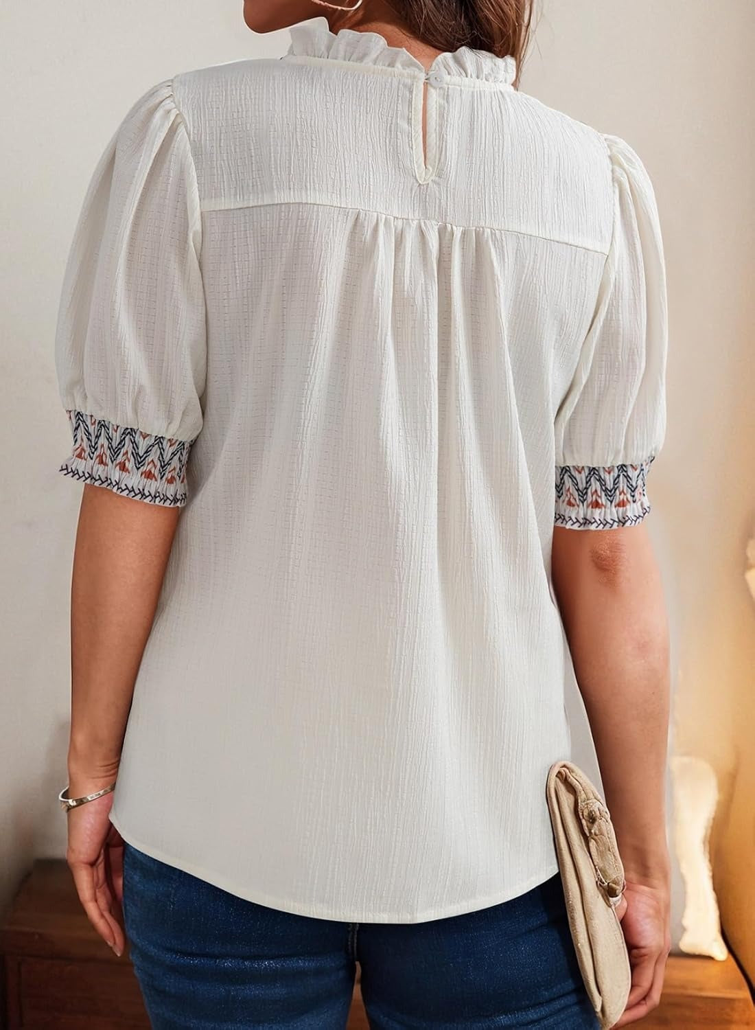Women Casual Puff Sleeve Boho Pleated Shirts Embroidered Blouses Tunic