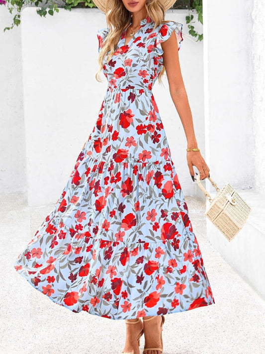 Women's Boho Print V Neck Ruffle Maxi Dress
