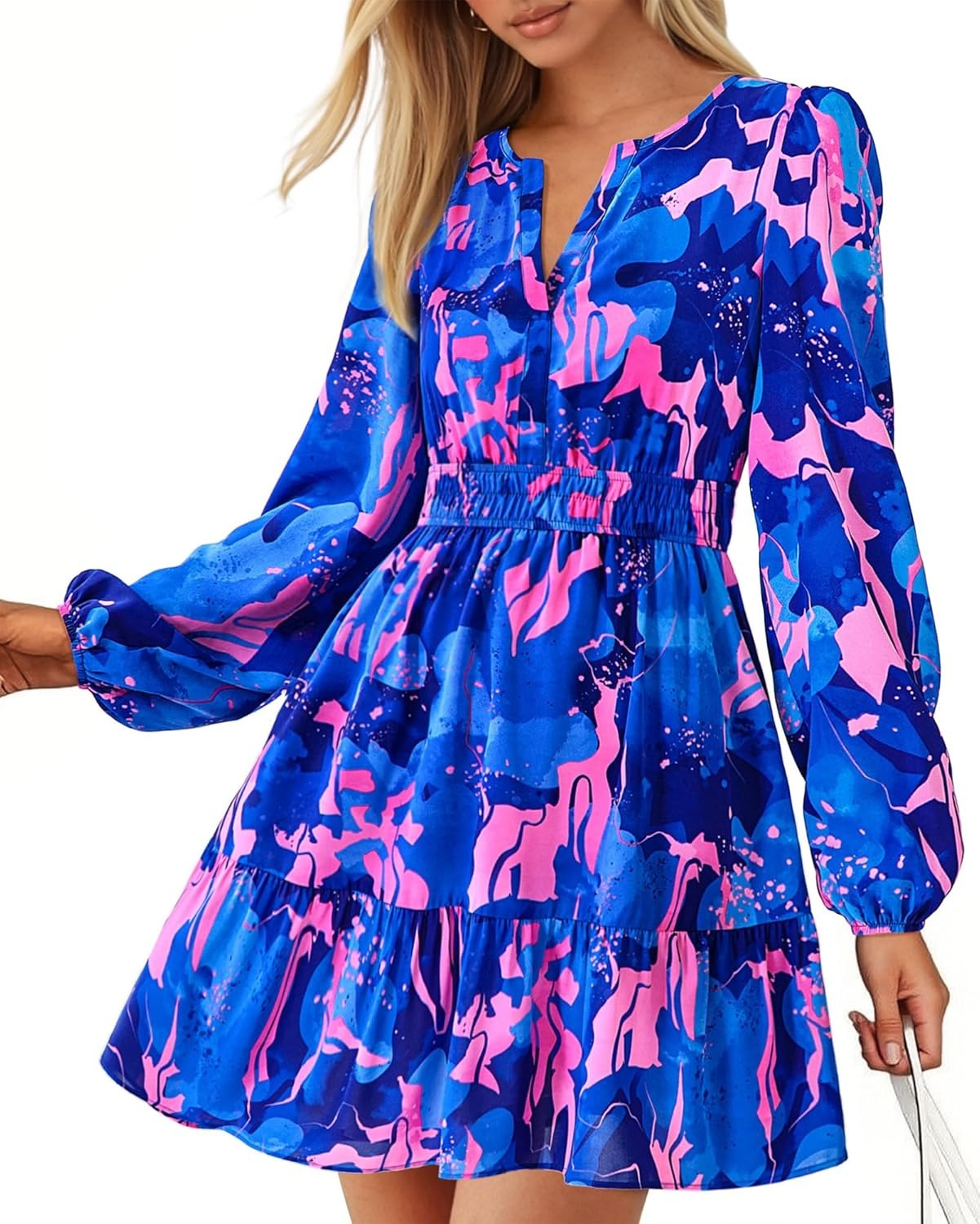 Women V Neck Long Sleeve Elastic Waist Boho Floral Mini Dress