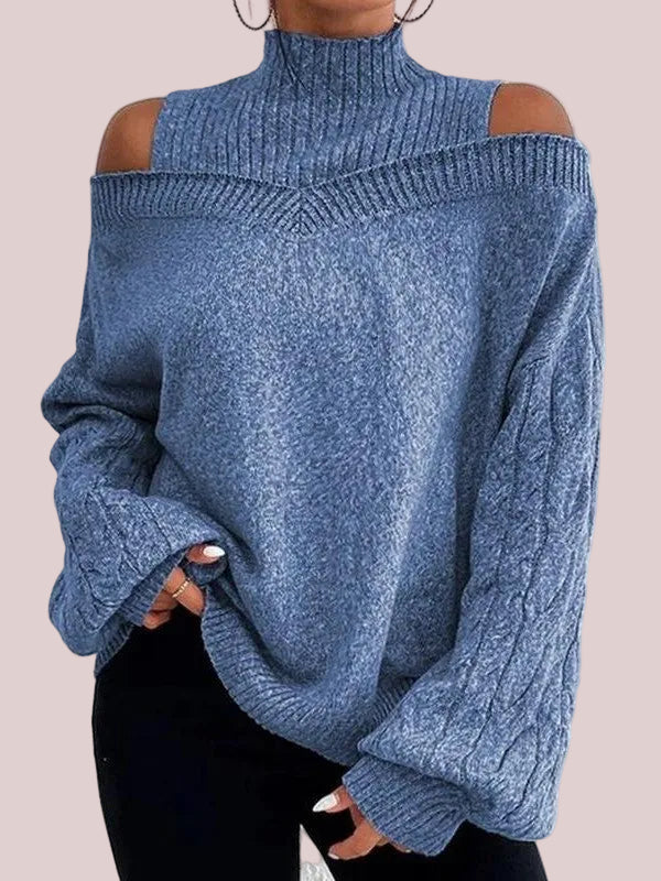 Women's Off Shoulder Turtleneck Lantern Sleeve Loose Pullover