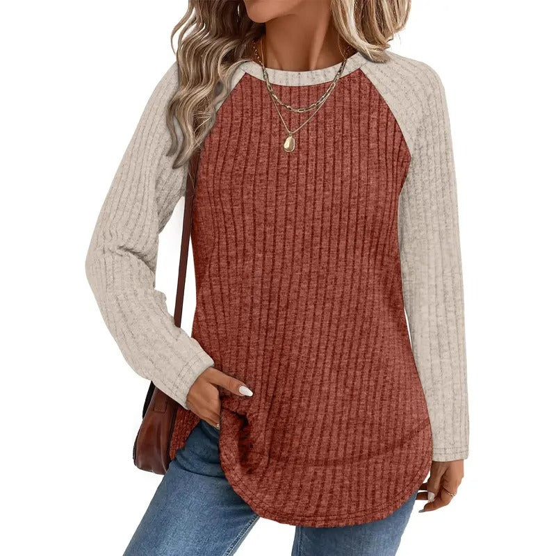 Women Color Block Ribbed Knit Raglan Long Sleeve Top Curved Hem Loose Blouse