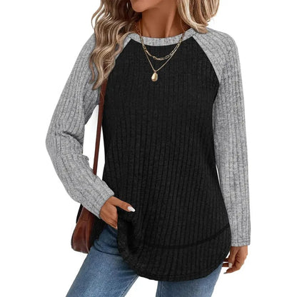 Women Color Block Ribbed Knit Raglan Long Sleeve Top Curved Hem Loose Blouse