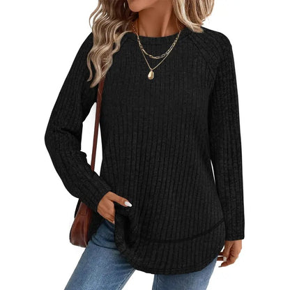 Women Color Block Ribbed Knit Raglan Long Sleeve Top Curved Hem Loose Blouse