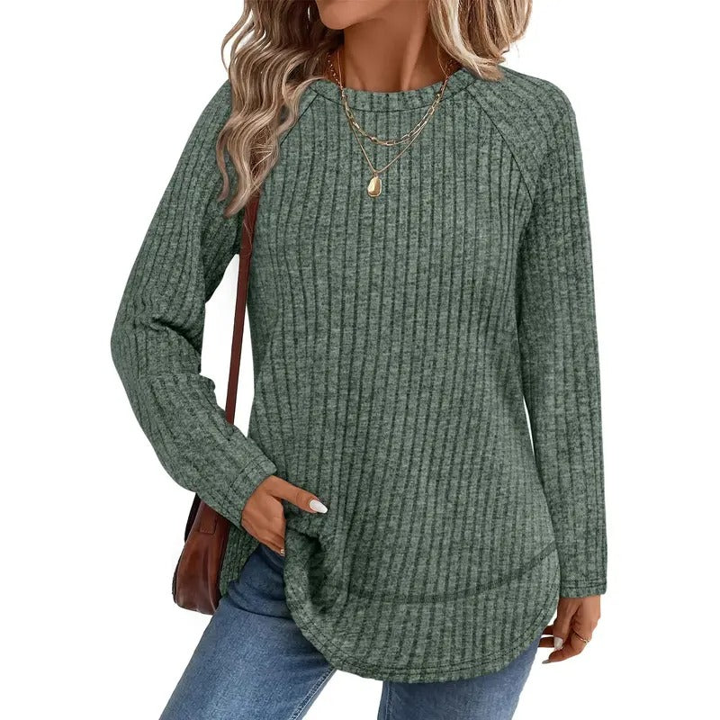 Women Color Block Ribbed Knit Raglan Long Sleeve Top Curved Hem Loose Blouse