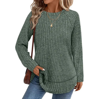 Women Color Block Ribbed Knit Raglan Long Sleeve Top Curved Hem Loose Blouse