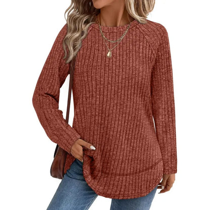 Women Color Block Ribbed Knit Raglan Long Sleeve Top Curved Hem Loose Blouse