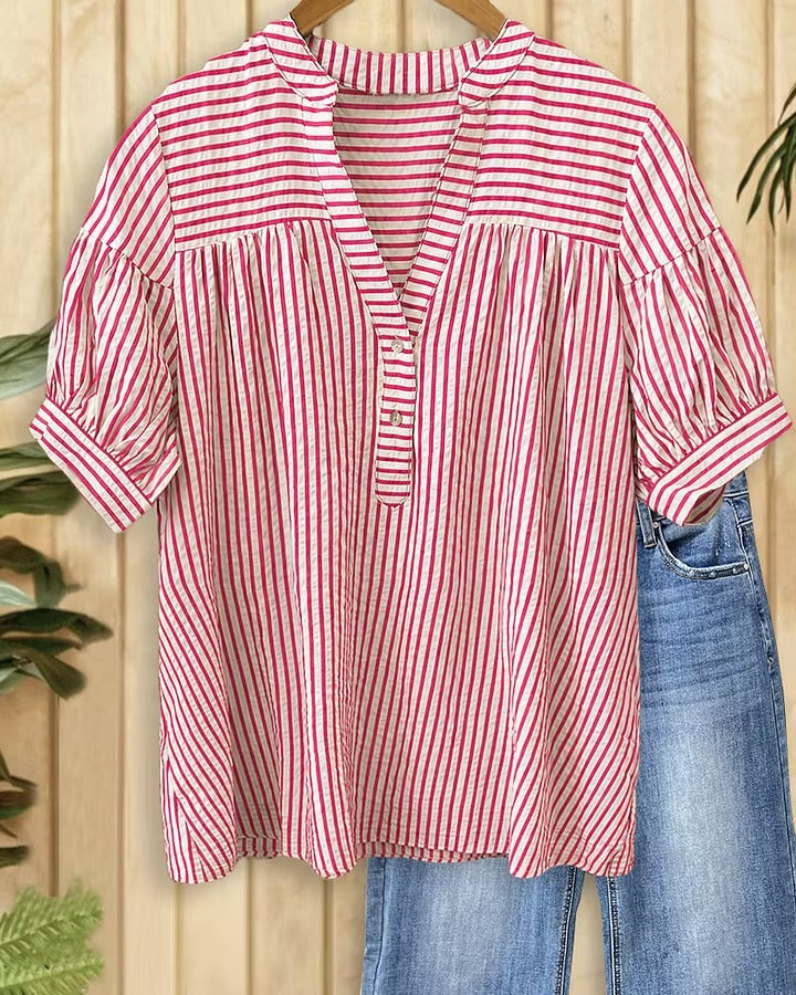 Women's Striped Half Button Yoke Gathered Puff Short Sleeve Blouse