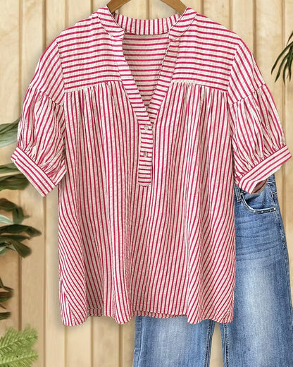 Women's Striped Half Button Yoke Gathered Puff Short Sleeve Blouse