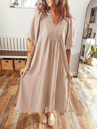 Women's Puff Sleeve V-neck Flowing Maxi Dress