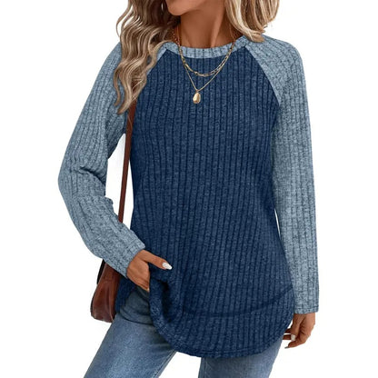 Women Color Block Ribbed Knit Raglan Long Sleeve Top Curved Hem Loose Blouse