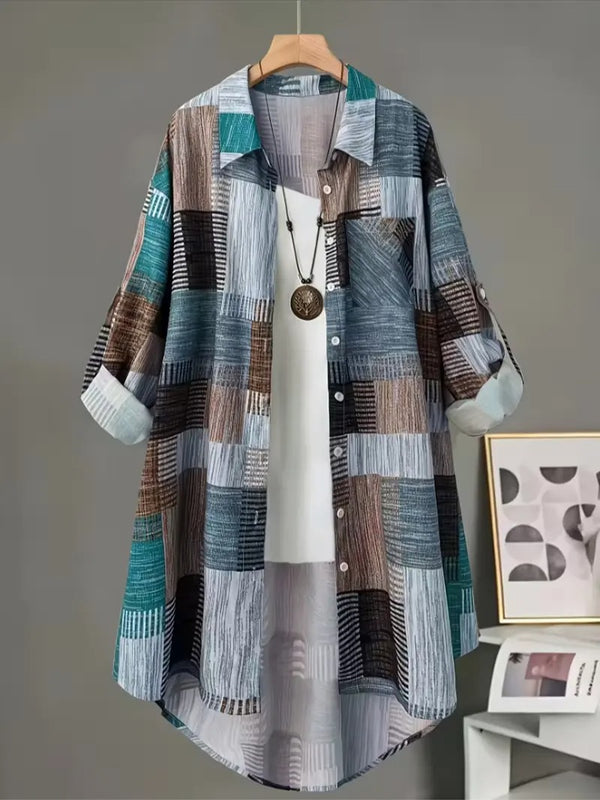Women's Geometric Patchwork Print Long Sleeve Buttoned Collared Shirt