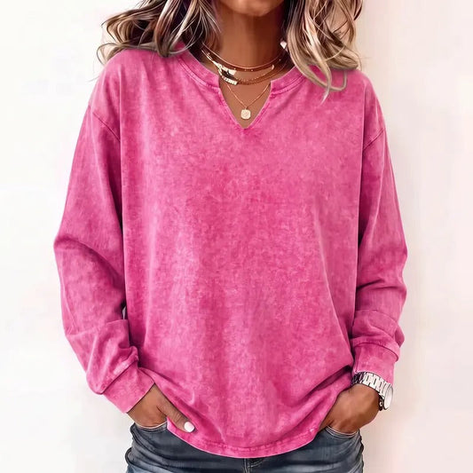 Women's Vintage Washed Notch V-Neck Long Sleeve Top Loose Drop Shoulder Tee