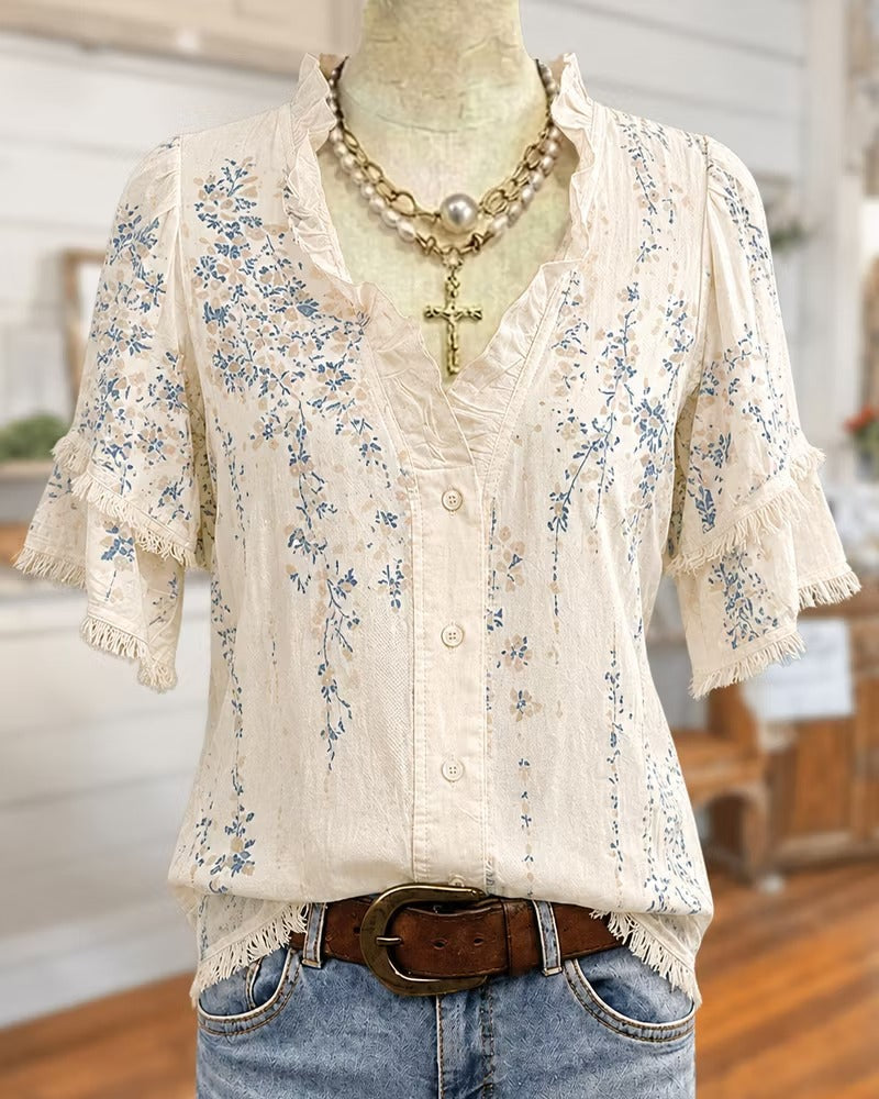 Hot Sale🔥Ruffle Trim V Neck Tiered Sleeve Floral Button Front Blouse