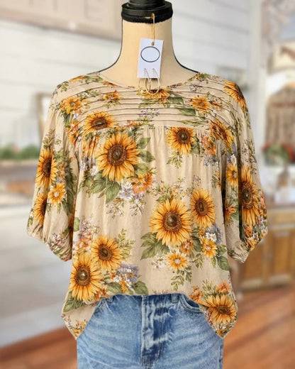 🔥Applique & Floral Print Pleated Detail Rocking Blouse