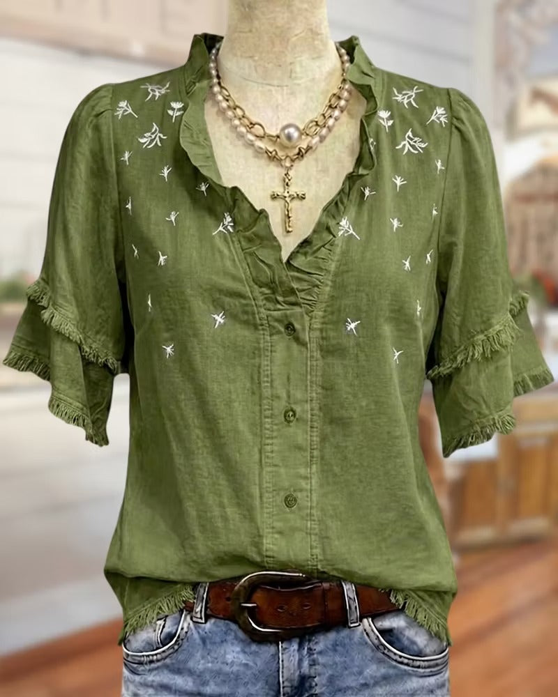 Hot Sale🔥Ruffle Trim V Neck Tiered Sleeve Floral Button Front Blouse