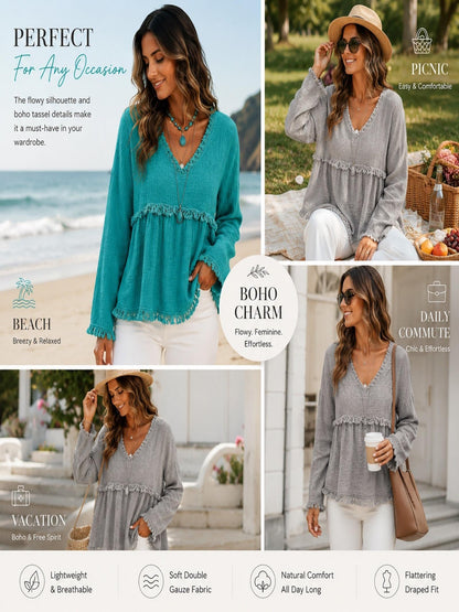Women Boho Fringe Tassel Blouse V‑Neck Long Sleeve Loose Casual Top