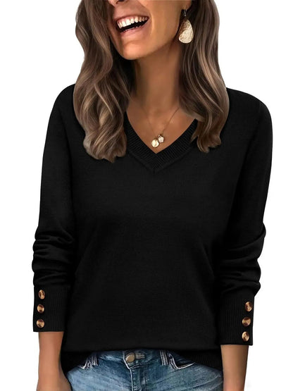 Women's Button‑Cuff V Neck Knit Pullover