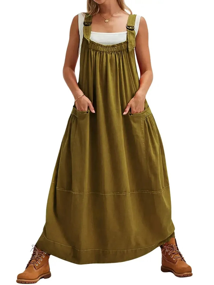 Women's Adjustable Shoulder Strap Loose Long Dress with Pockets