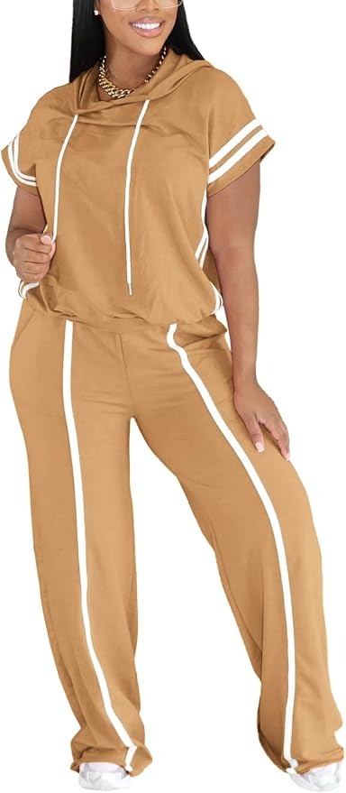 Women Summer Striped Short Sleeve Hoodie and Wide Leg Sweatpants Set Lounge Sets