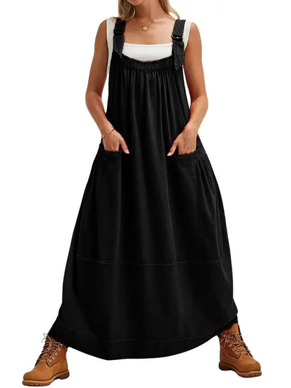 Women's Adjustable Shoulder Strap Loose Long Dress with Pockets