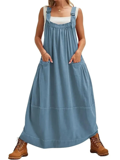 Women's Adjustable Shoulder Strap Loose Long Dress with Pockets